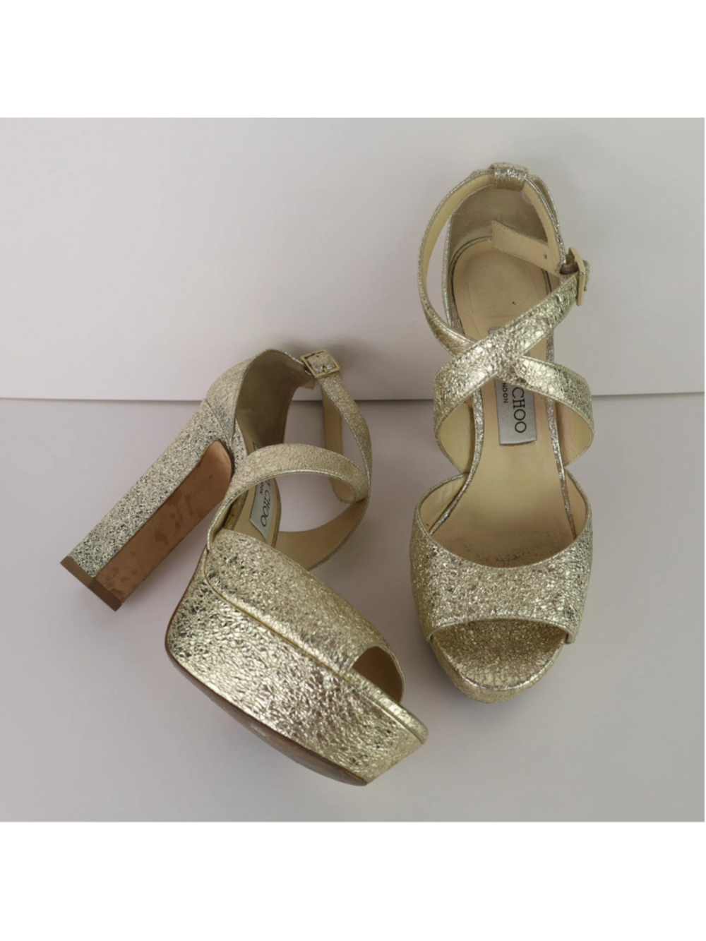 Jimmy Choo Gold Platform Heels EU 36.5 US 6.5 Metallic Leather Sandals 0483 - Picture 9 of 16
